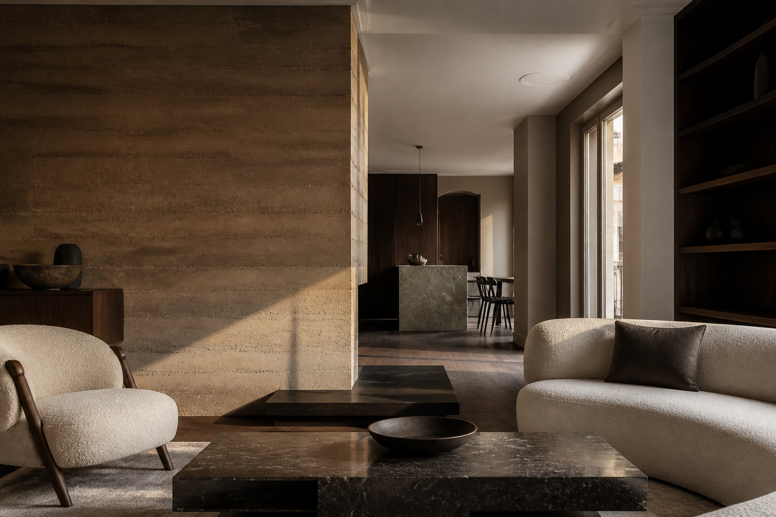 Intérieur tactile en terre et bois sombre à Lyon